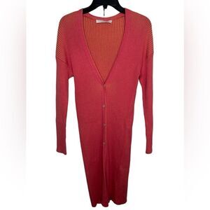 One Grey Day Pink/Orange Ribbed Long Sleeve Button Front Duster Cardigan